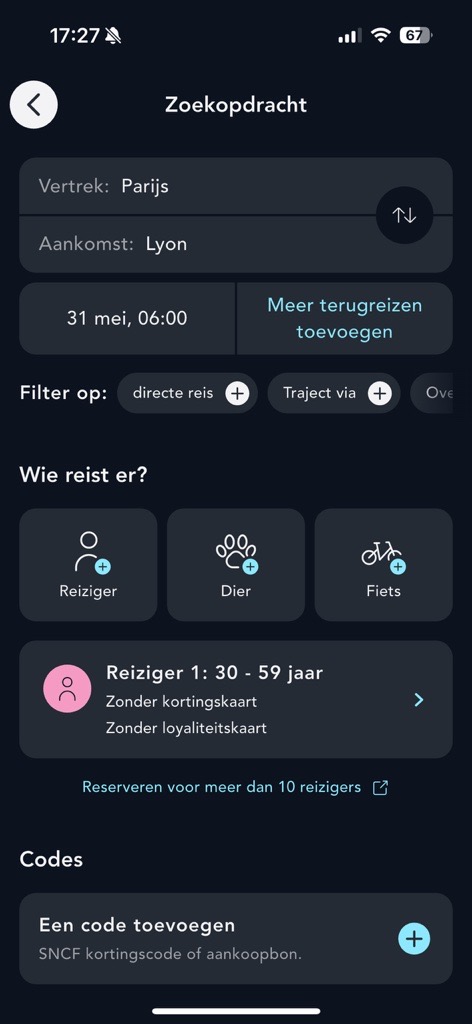 Visueel overzicht van de zoekpagina voor tickets op de SNCF Connect-toepassing